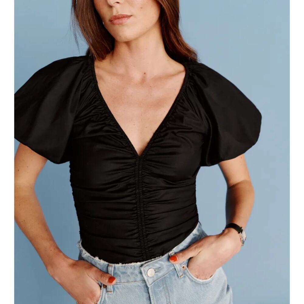 Reformation Sonny Puff Sleeve Top Size 10 Black Short Sleeve Ruched‎ Blouse